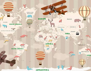 Фотообои карта мира с животными и самолетами 22122