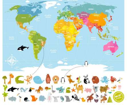 Фотообои Карта с континентами и животными Фотообои Карта с континентами и животными