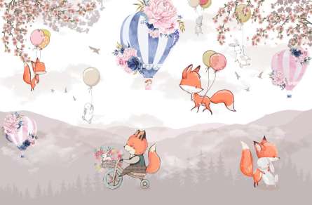 Фотообои Лисички на воздушных шарах Фотообои Лисички на воздушных шарах