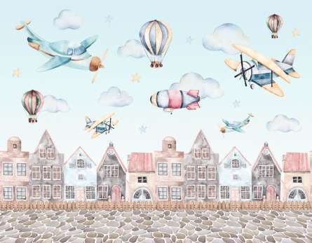 Фотообои Самолётики над домиками Фотообои Самолётики над домиками