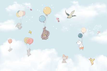 Фотообои Звери в небе на воздушных шариках Фотообои Звери в небе на воздушных шариках