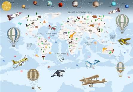 Фотошпалери карта дитяча з планетами, кулями і літаками