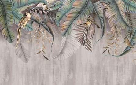 Фотошпалери Тропічні листя з птахами Фотошпалери Тропічні листя з птахами