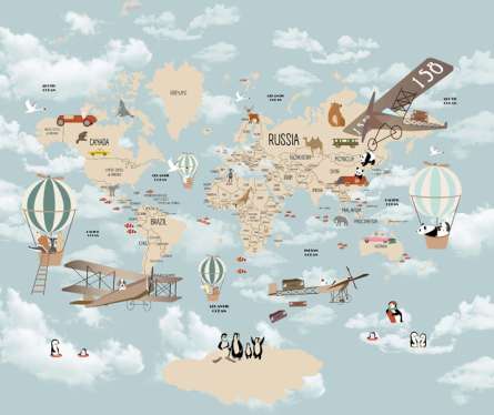 Фотообои Детская карта с самолетами и воздушными шарами на английском Фотообои Детская карта с самолетами и воздушными шарами на английском