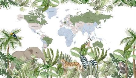 Фотошпалери карта дитяча з тропічним лісом і тваринами англійською Фотошпалери карта дитяча з тропічним лісом і тваринами англійською