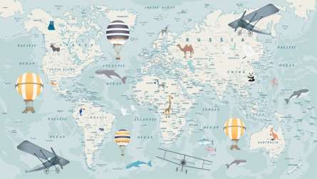 Фотошпалери блакитна карта світу з літаками англійською