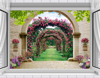 Фотообои  Вид из окна на сад с розами 22177