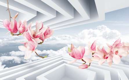 Фотошпалери 3Д рожеві гілки магнолії
