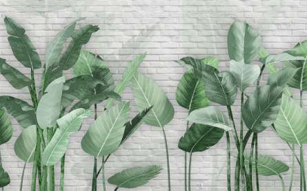 Фотошпалери Бананові листя на тлі цегляному Фотошпалери Бананові листя на тлі цегляному