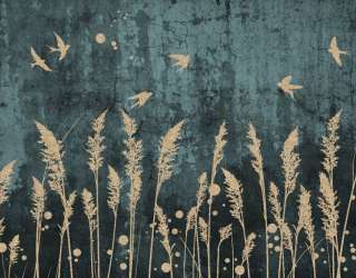 Фотошпалери золоті сухоцвіти з пташками. 33895