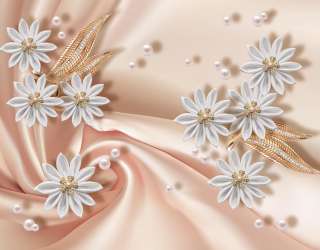 Фотошпалери білі квіти брошки на тканини 21684