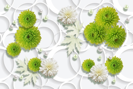 Фотошпалери зелені квіти на тлі білих кіл Фотошпалери зелені квіти на тлі білих кіл