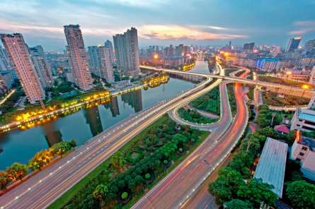 Фотошпалери Набережна, вогні, захід Фотошпалери Набережна, вогні, захід